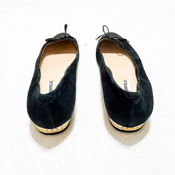 Karl Lagerfeld Black Suede Leather Almond Toe Bow Accent Flats Shoes Size 9.5 - Picture 2 of 6